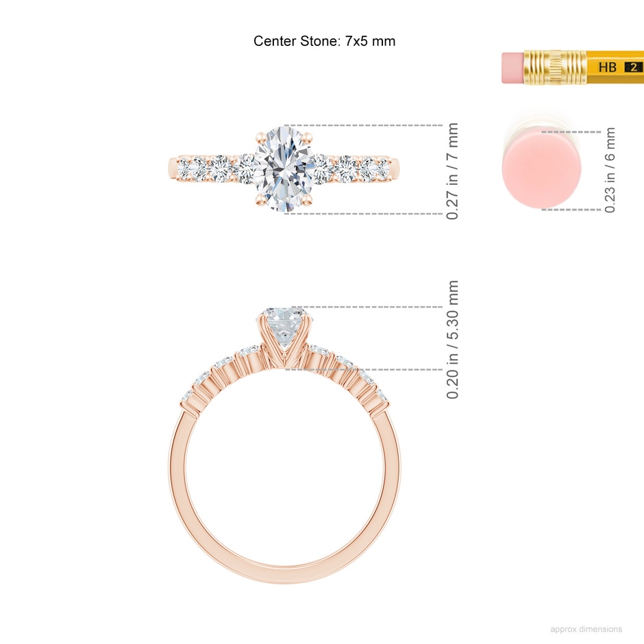 7x5mm FGVS Lab-Grown Solitaire Oval Diamond Graduated Engagement Ring in Rose Gold ruler
