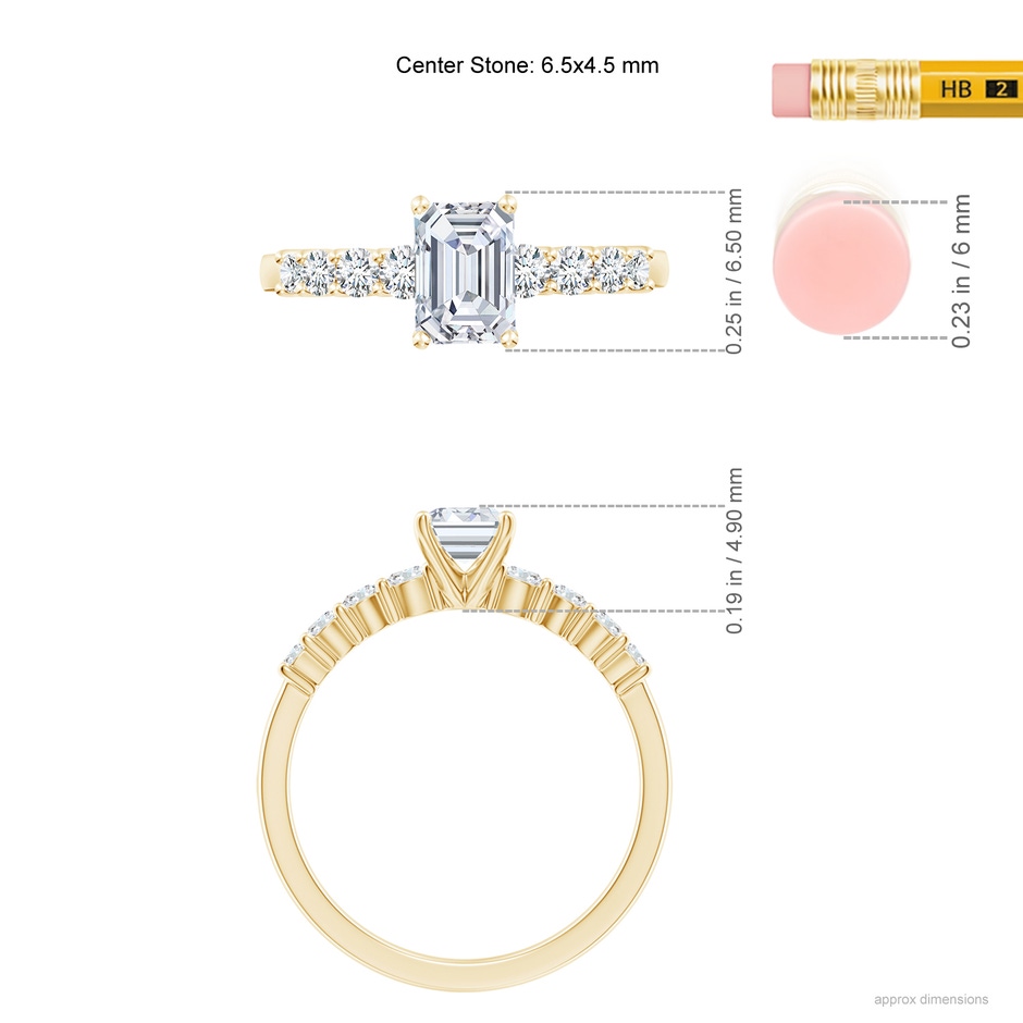 6.5x4.5mm FGVS Lab-Grown Solitaire Emerald-Cut Diamond Graduated Engagement Ring in Yellow Gold ruler