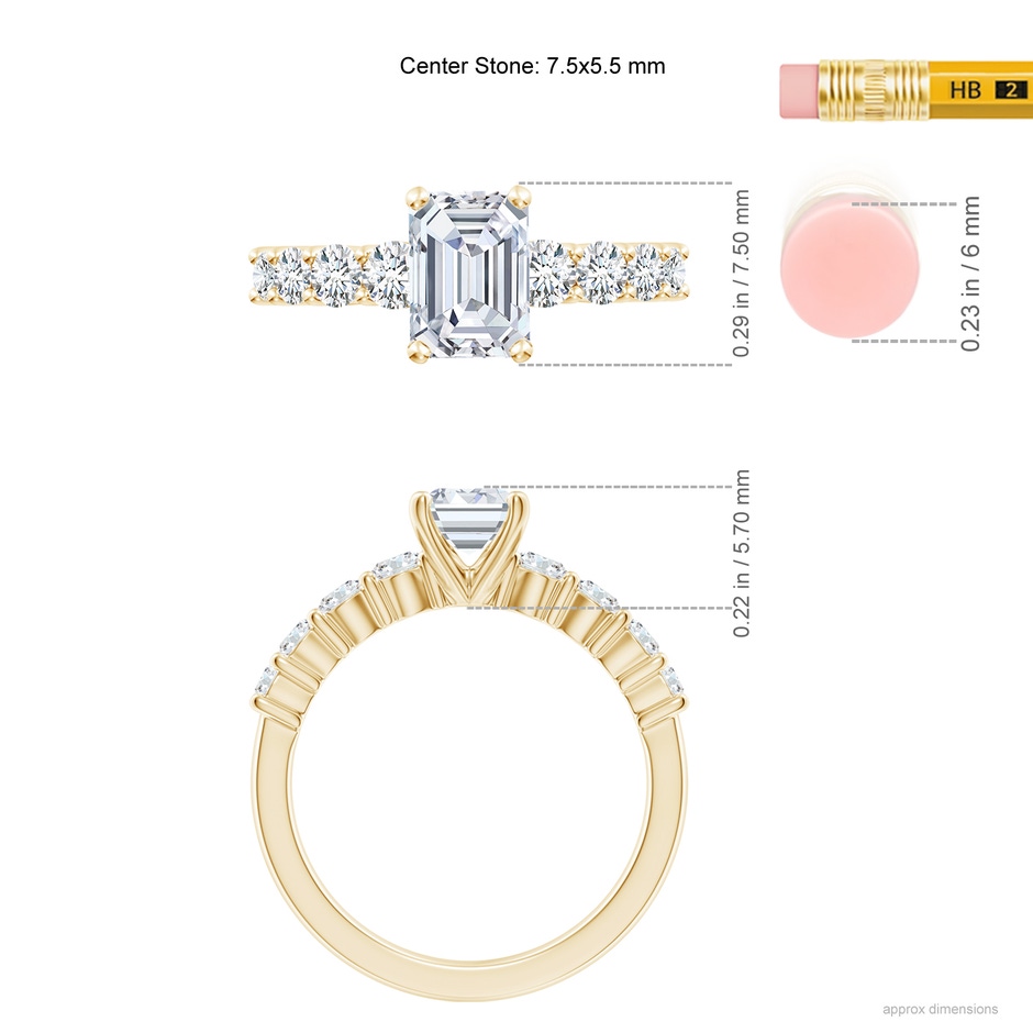 7.5x5.5mm FGVS Lab-Grown Solitaire Emerald-Cut Diamond Graduated Engagement Ring in 18K Yellow Gold ruler