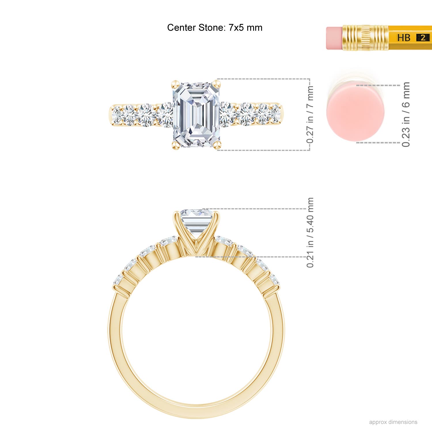 7x5mm FGVS Lab-Grown Solitaire Emerald-Cut Diamond Graduated Engagement Ring in Yellow Gold - ruler