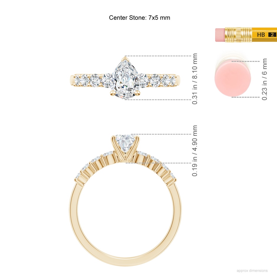7x5mm FGVS Lab-Grown Solitaire Pear Diamond Graduated Engagement Ring in Yellow Gold ruler