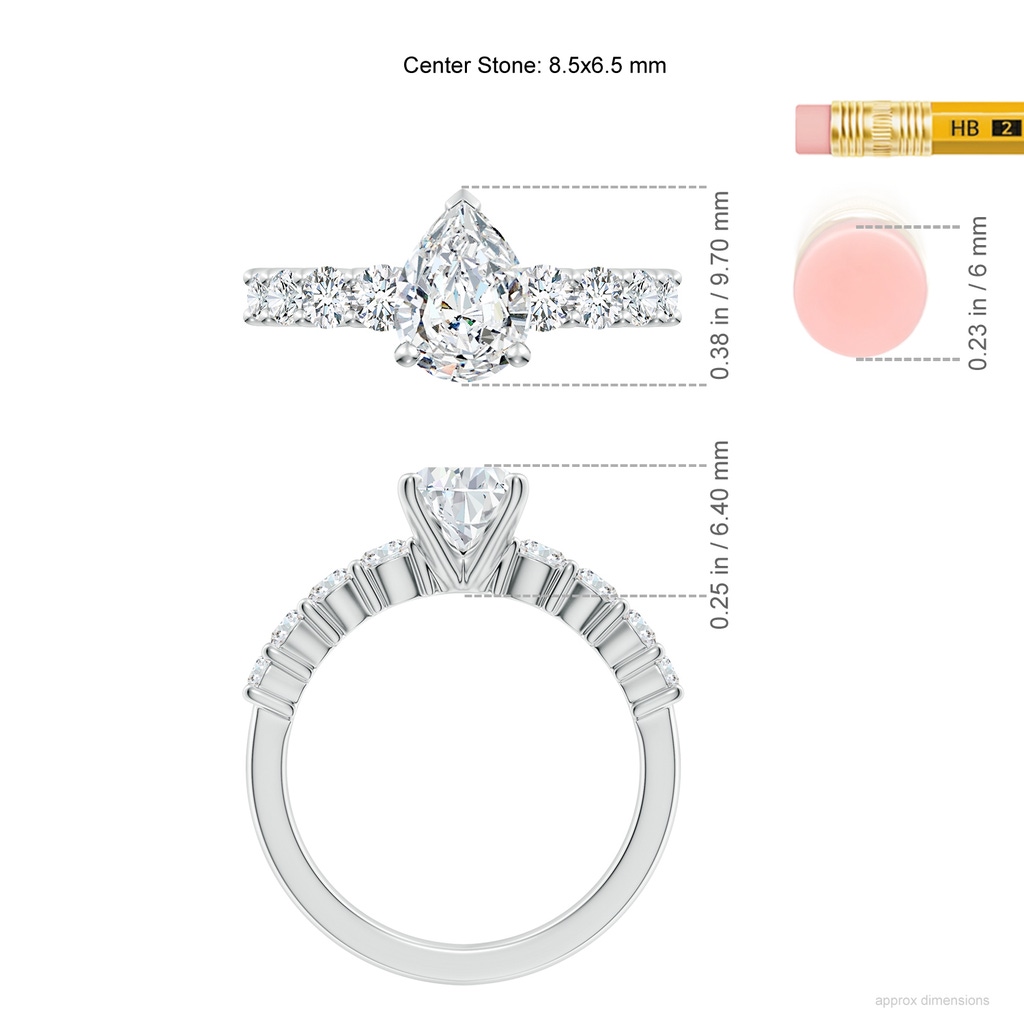 8.5x6.5mm FGVS Lab-Grown Solitaire Pear Diamond Graduated Engagement Ring in White Gold ruler