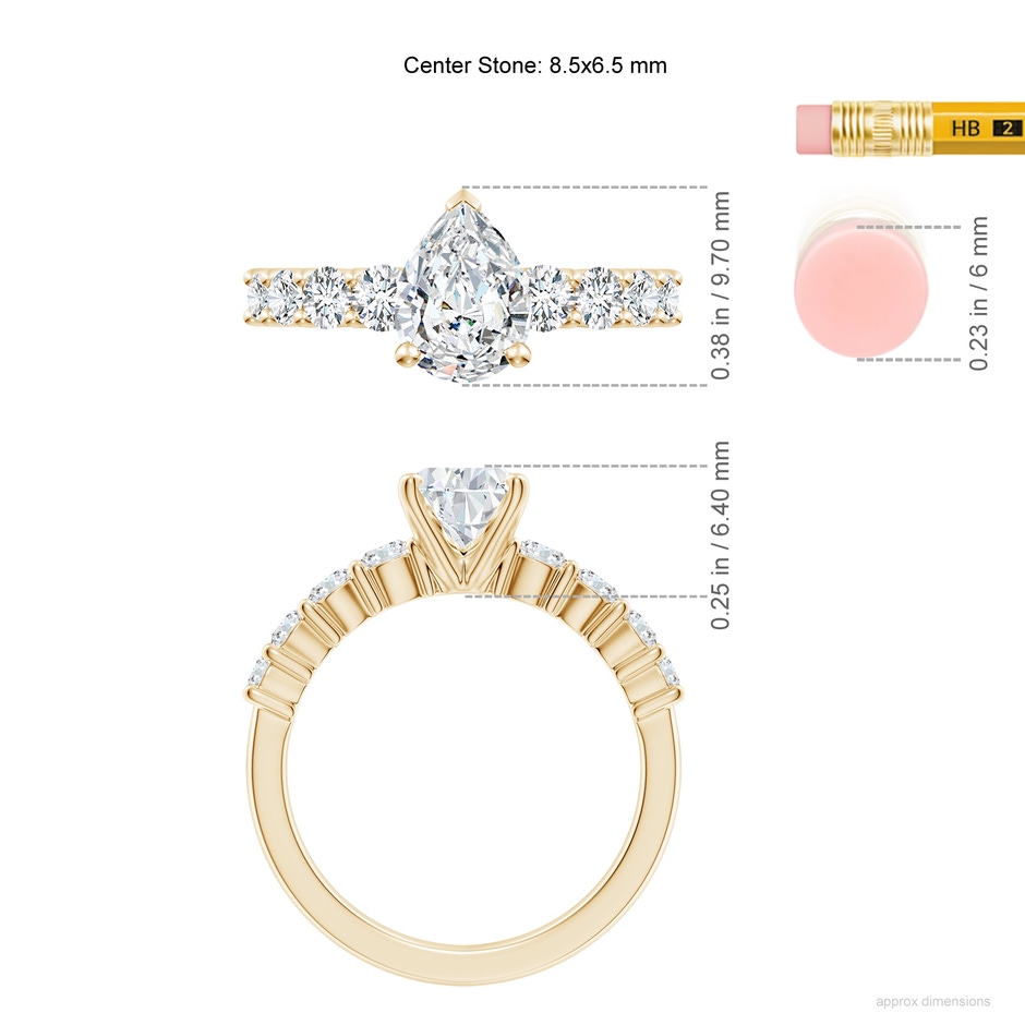 8.5x6.5mm FGVS Lab-Grown Solitaire Pear Diamond Graduated Engagement Ring in Yellow Gold ruler