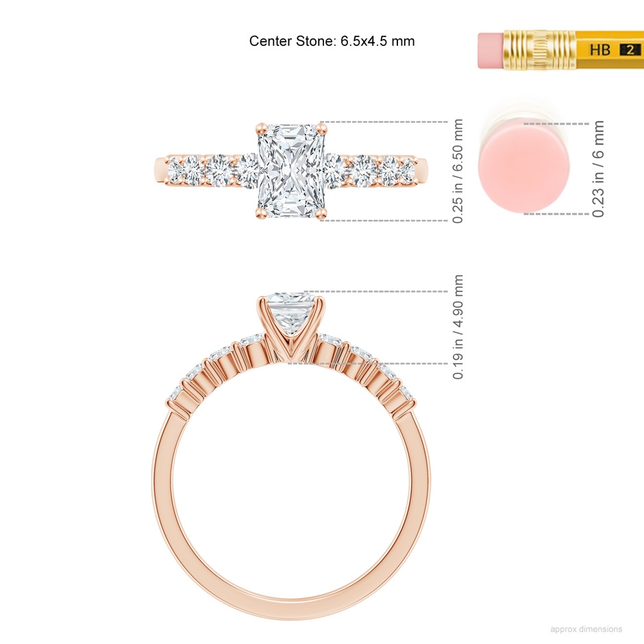 6.5x4.5mm FGVS Lab-Grown Solitaire Radiant-Cut Diamond Graduated Engagement Ring in Rose Gold ruler
