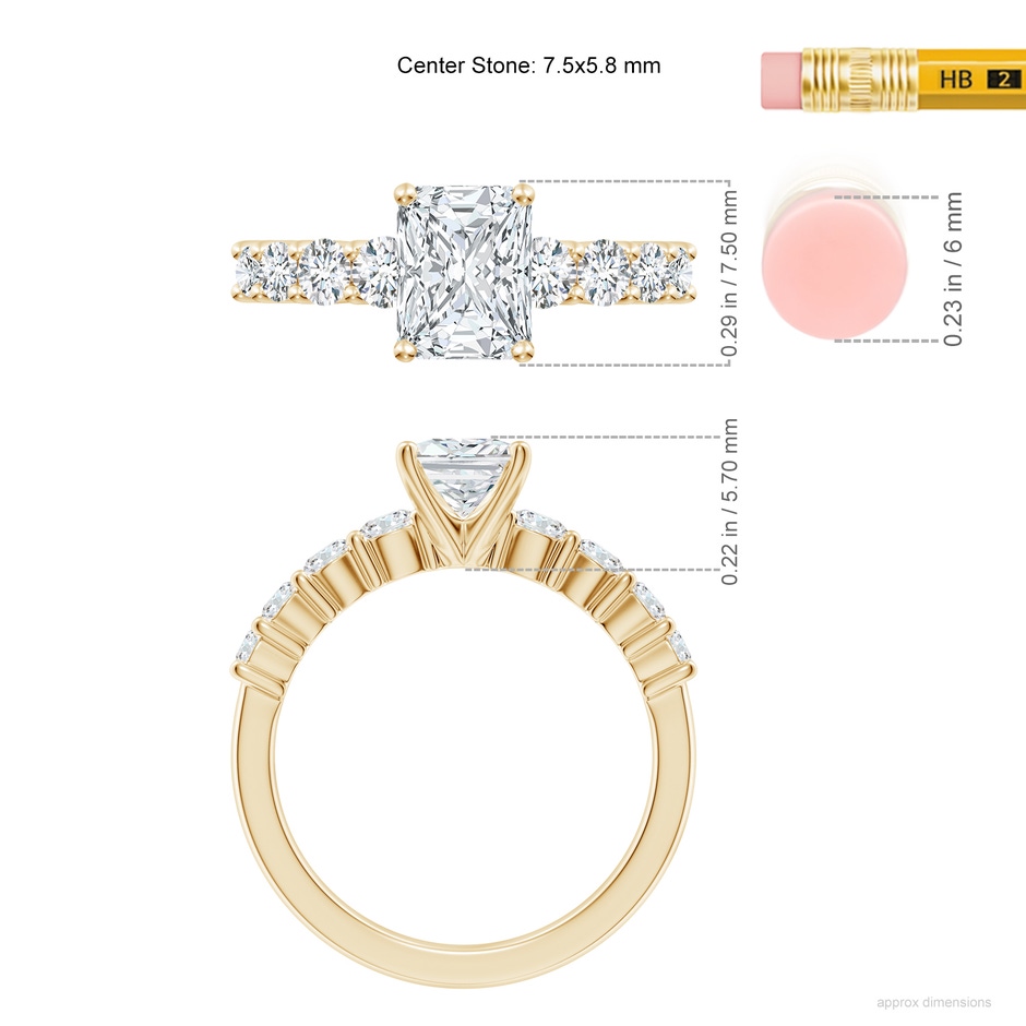 7.5x5.8mm FGVS Lab-Grown Solitaire Radiant-Cut Diamond Graduated Engagement Ring in 18K Yellow Gold ruler
