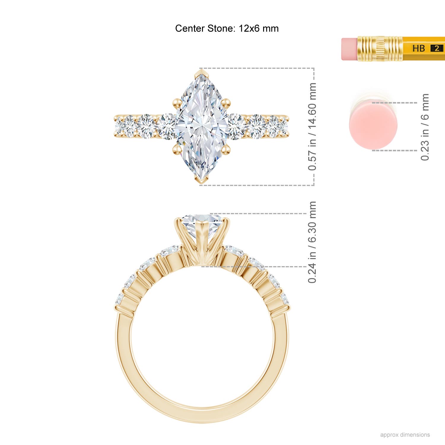 12x6mm FGVS Lab-Grown Solitaire Marquise Diamond Graduated Engagement Ring in Yellow Gold - ruler