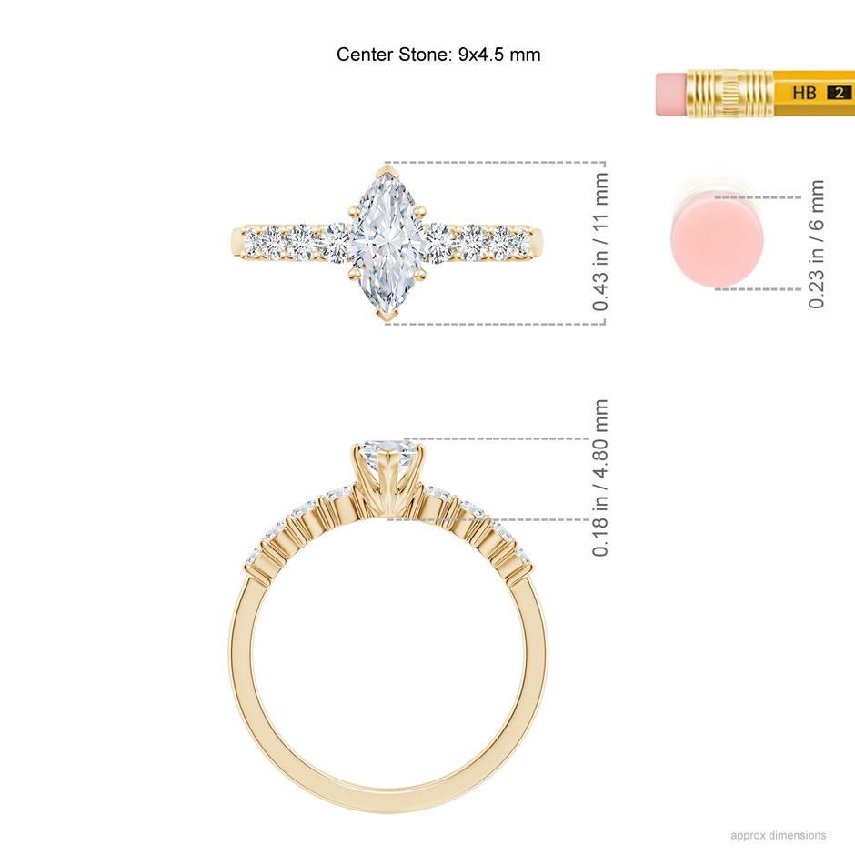 9x4.5mm FGVS Lab-Grown Solitaire Marquise Diamond Graduated Engagement Ring in Yellow Gold ruler