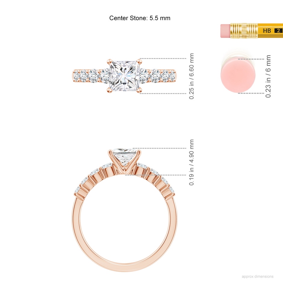5.5mm FGVS Lab-Grown Solitaire Princess-Cut Diamond Graduated Engagement Ring in Rose Gold ruler
