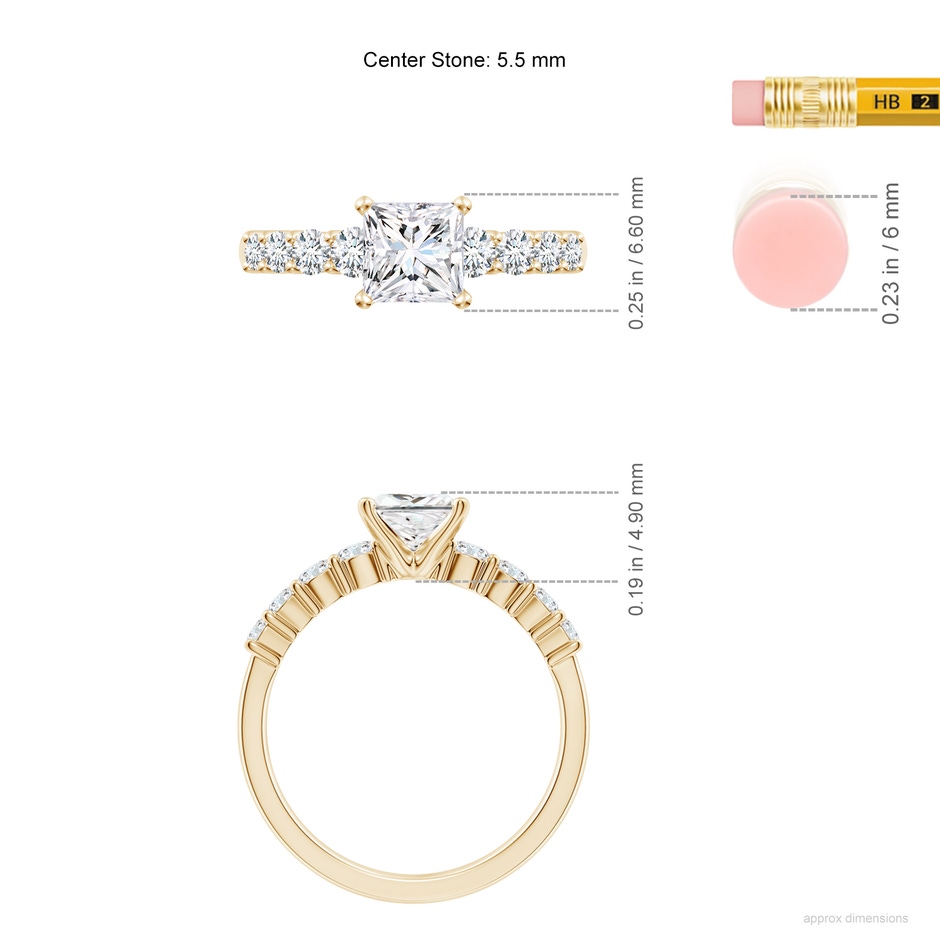 5.5mm FGVS Lab-Grown Solitaire Princess-Cut Diamond Graduated Engagement Ring in Yellow Gold ruler