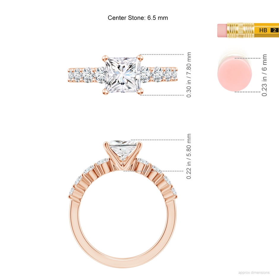 6.5mm FGVS Lab-Grown Solitaire Princess-Cut Diamond Graduated Engagement Ring in Rose Gold ruler