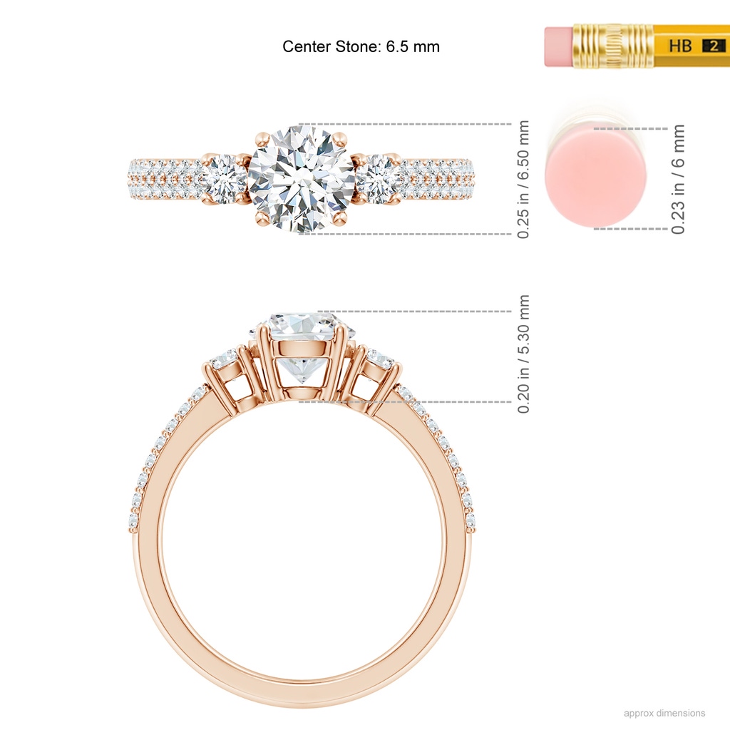 6.5mm FGVS Lab-Grown Round Diamond Side Stone Knife-Edge Shank Engagement Ring in Rose Gold ruler