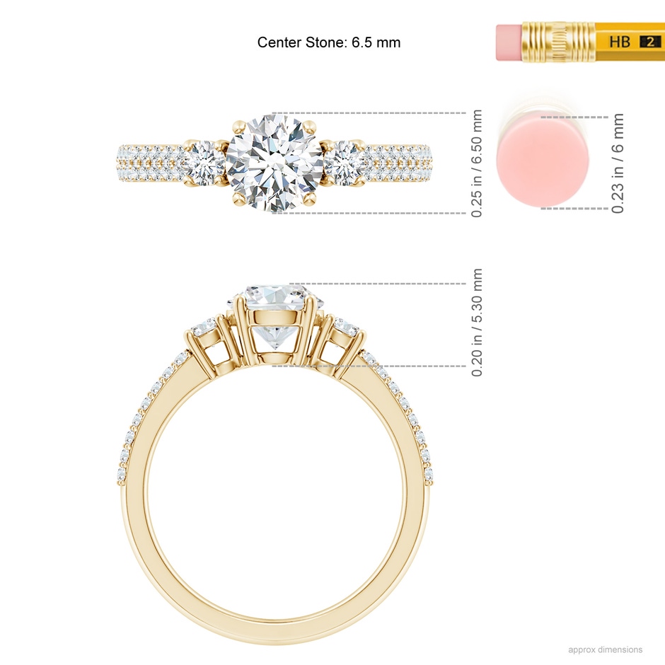 6.5mm FGVS Lab-Grown Round Diamond Side Stone Knife-Edge Shank Engagement Ring in Yellow Gold ruler