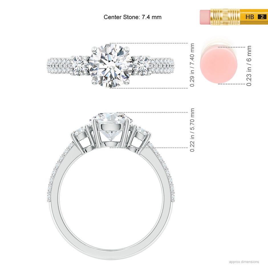 7.4mm FGVS Lab-Grown Round Diamond Side Stone Knife-Edge Shank Engagement Ring in 18K White Gold ruler