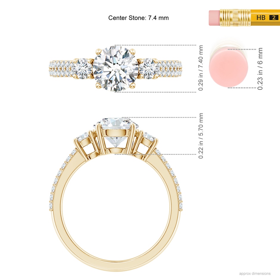 7.4mm FGVS Lab-Grown Round Diamond Side Stone Knife-Edge Shank Engagement Ring in 18K Yellow Gold ruler
