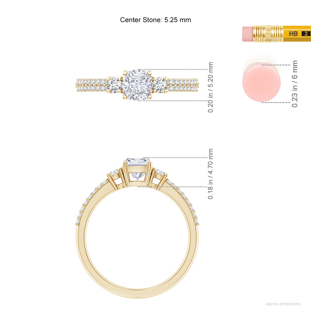 5.25mm FGVS Lab-Grown Cushion Diamond Side Stone Knife-Edge Shank Engagement Ring in Yellow Gold ruler