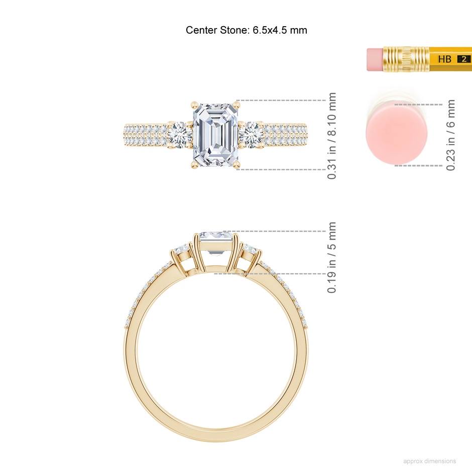 6.5x4.5mm FGVS Lab-Grown Emerald-Cut Diamond Side Stone Knife-Edge Shank Engagement Ring in Yellow Gold ruler