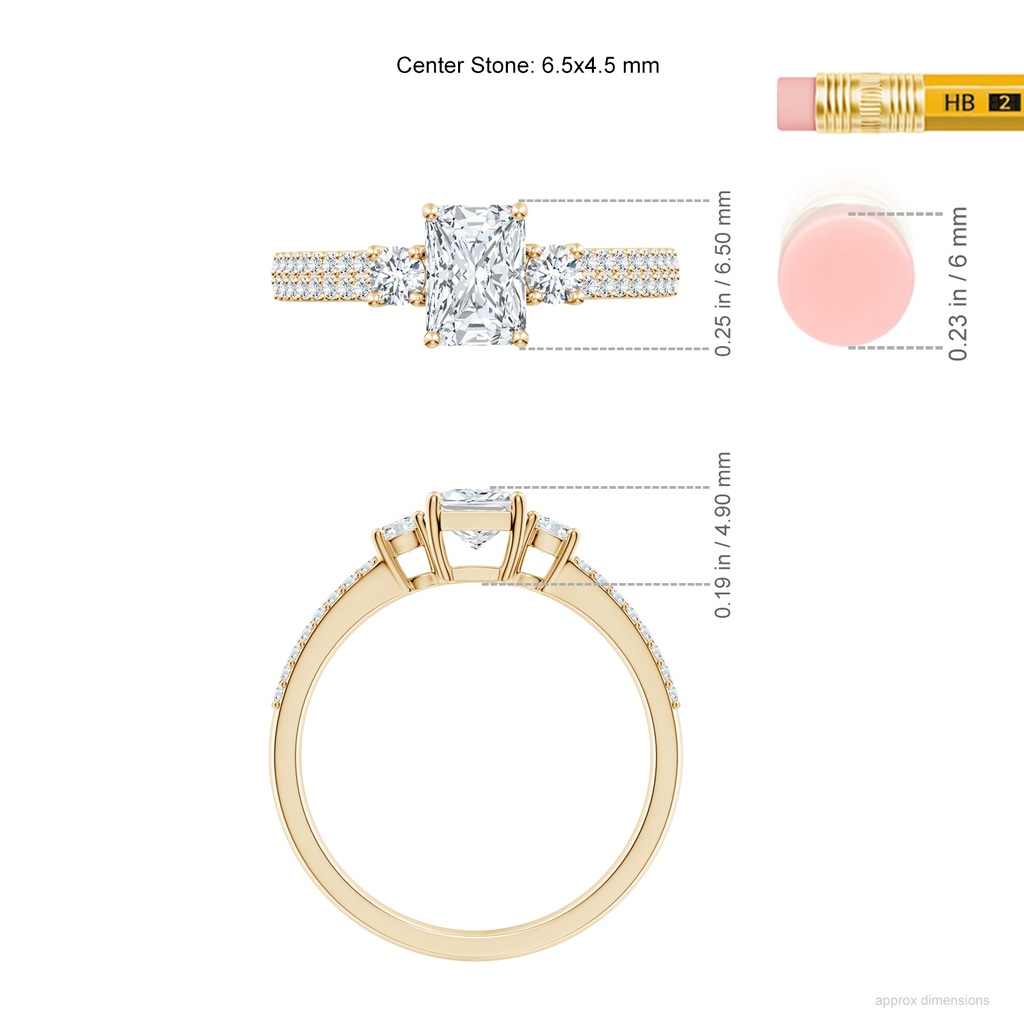 6.5x4.5mm FGVS Lab-Grown Radiant-Cut Diamond Side Stone Knife-Edge Shank Engagement Ring in Yellow Gold ruler