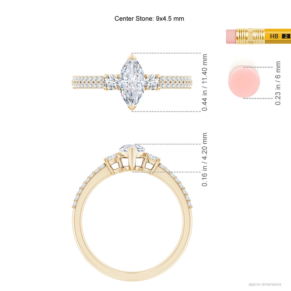 9x4.5mm FGVS Lab-Grown Marquise Diamond Side Stone Knife-Edge Shank Engagement Ring in 10K Yellow Gold ruler