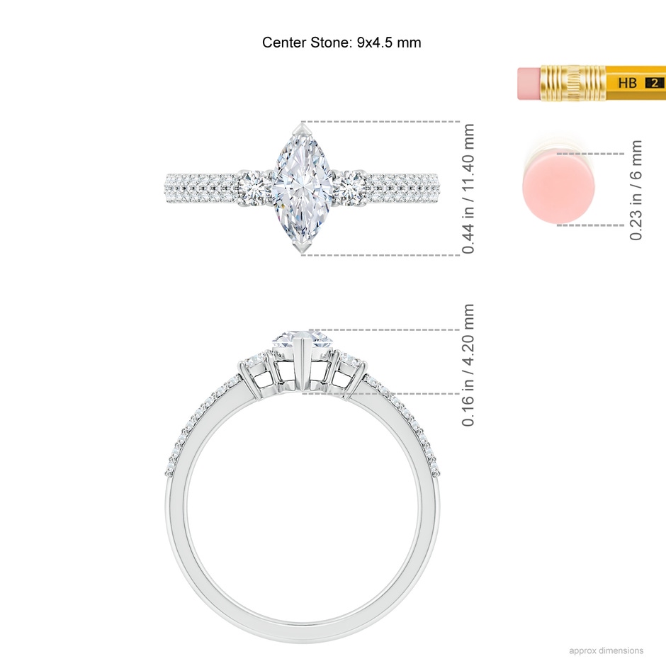 9x4.5mm FGVS Lab-Grown Marquise Diamond Side Stone Knife-Edge Shank Engagement Ring in White Gold ruler