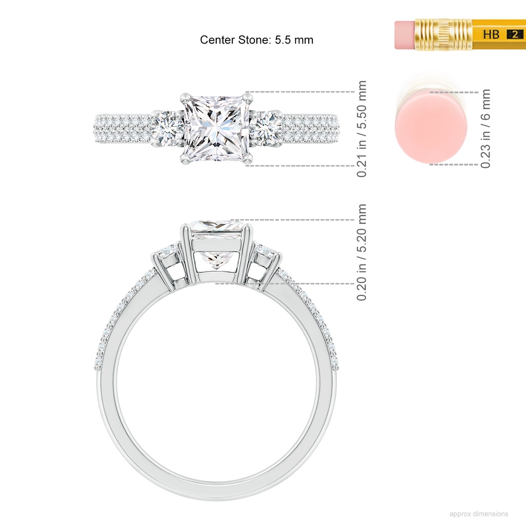5.5mm FGVS Lab-Grown Princess-Cut Diamond Side Stone Knife-Edge Shank Engagement Ring in P950 Platinum ruler