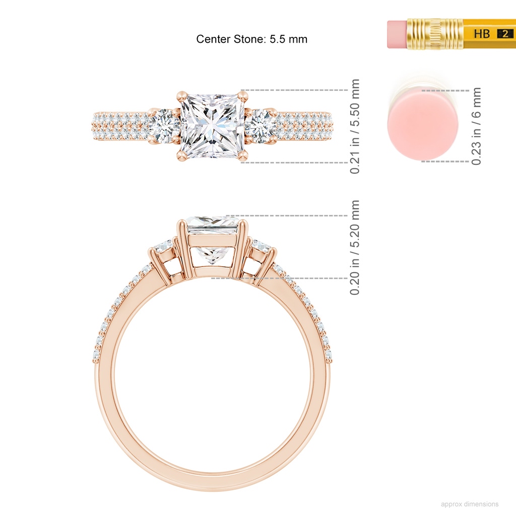 5.5mm FGVS Lab-Grown Princess-Cut Diamond Side Stone Knife-Edge Shank Engagement Ring in Rose Gold ruler
