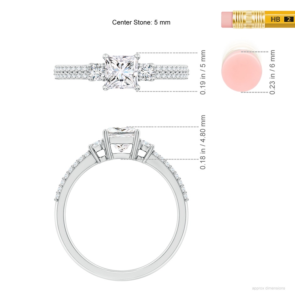 5mm FGVS Lab-Grown Princess-Cut Diamond Side Stone Knife-Edge Shank Engagement Ring in White Gold ruler