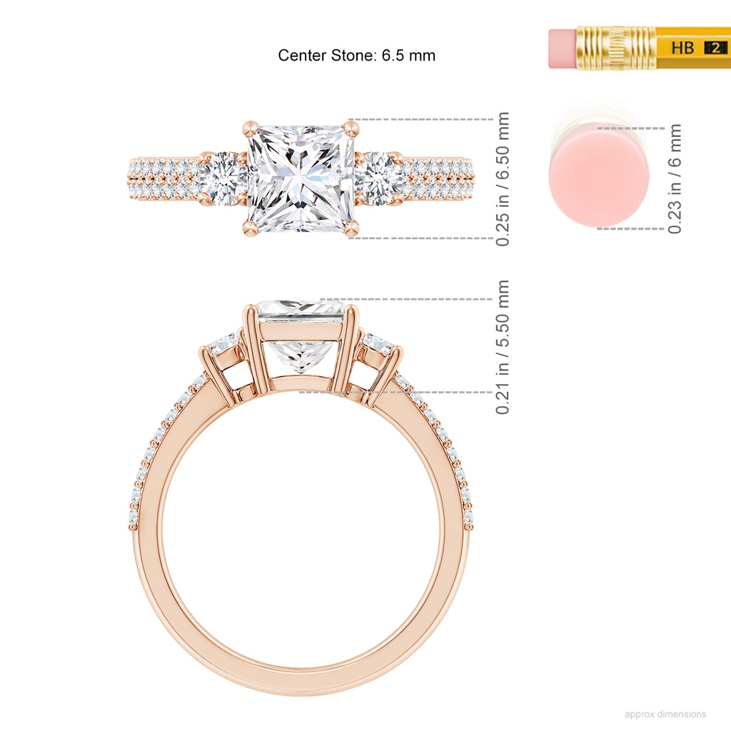 6.5mm FGVS Lab-Grown Princess-Cut Diamond Side Stone Knife-Edge Shank Engagement Ring in Rose Gold ruler