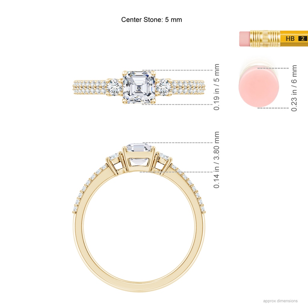 5mm FGVS Lab-Grown Asscher-Cut Diamond Side Stone Knife-Edge Shank Engagement Ring in Yellow Gold ruler