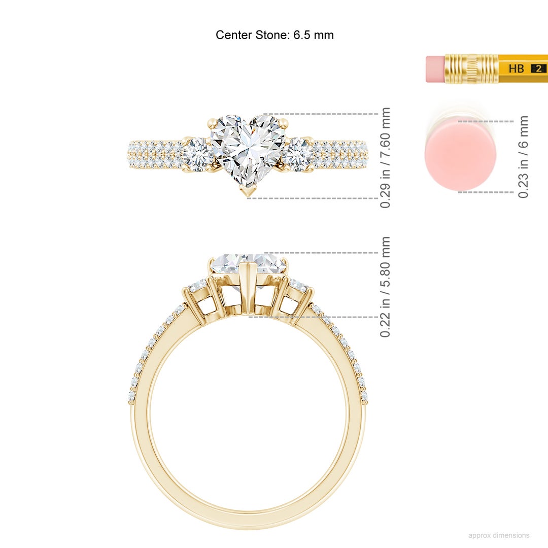 6.5mm FGVS Lab-Grown Heart Diamond Side Stone Knife-Edge Shank Engagement Ring in 18K Yellow Gold - ruler