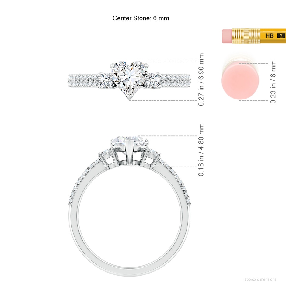 6mm FGVS Lab-Grown Heart Diamond Side Stone Knife-Edge Shank Engagement Ring in 10K White Gold ruler