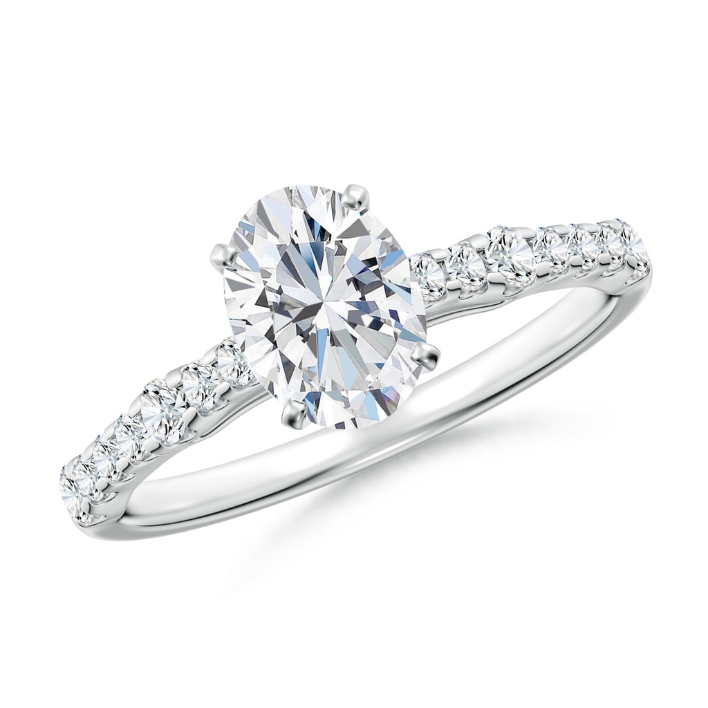 7.7x5.7mm FGVS Lab-Grown Solitaire Oval Diamond Station Engagement Ring in 18K White Gold