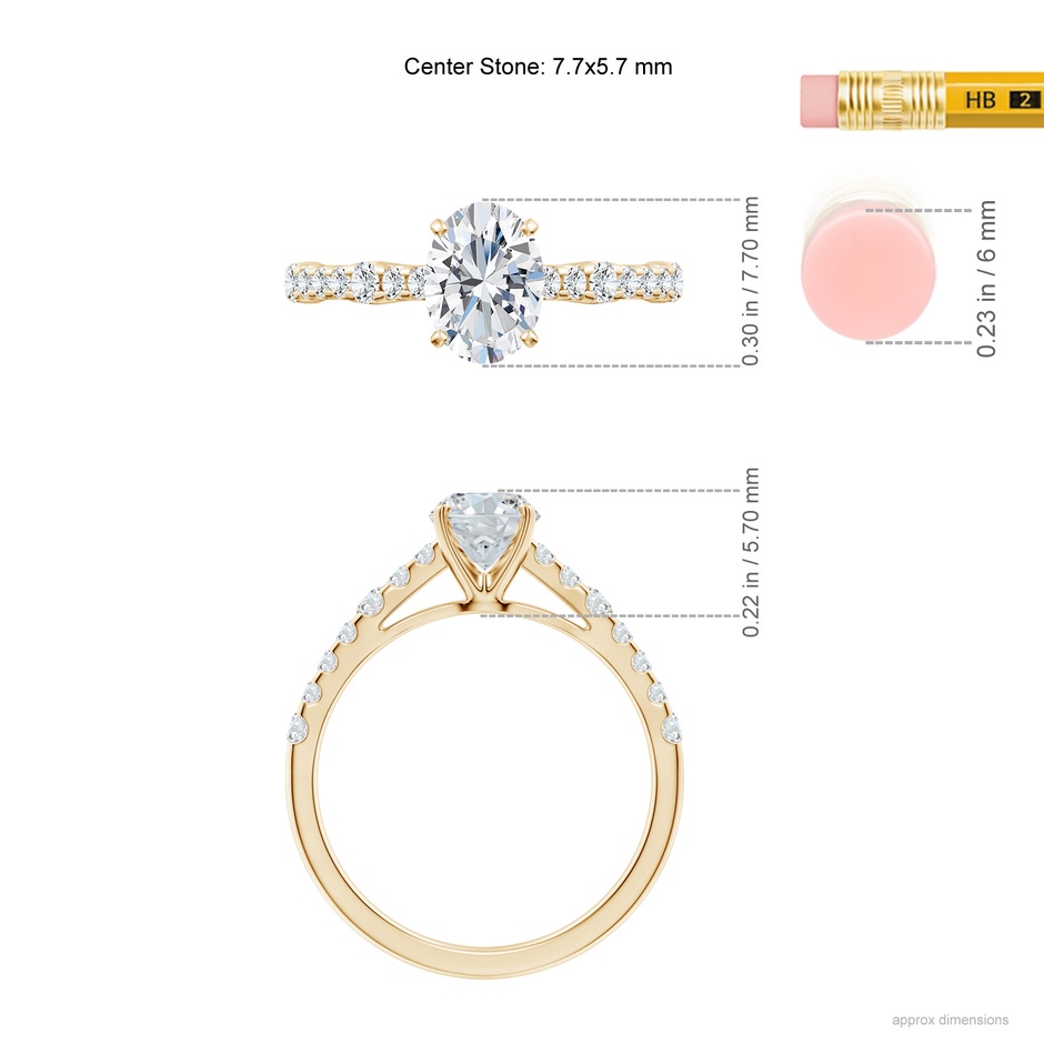 7.7x5.7mm FGVS Lab-Grown Solitaire Oval Diamond Station Engagement Ring in Yellow Gold ruler