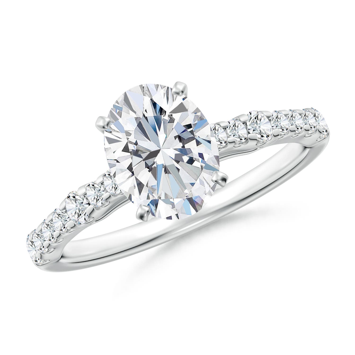 8.5x6.5mm FGVS Lab-Grown Solitaire Oval Diamond Station Engagement Ring in 18K White Gold
