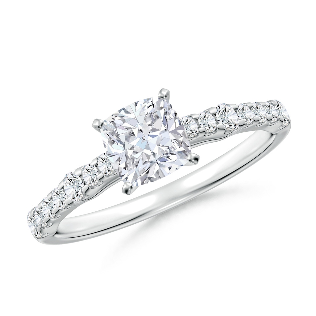 5.5mm FGVS Lab-Grown Solitaire Cushion Diamond Station Engagement Ring in 18K White Gold