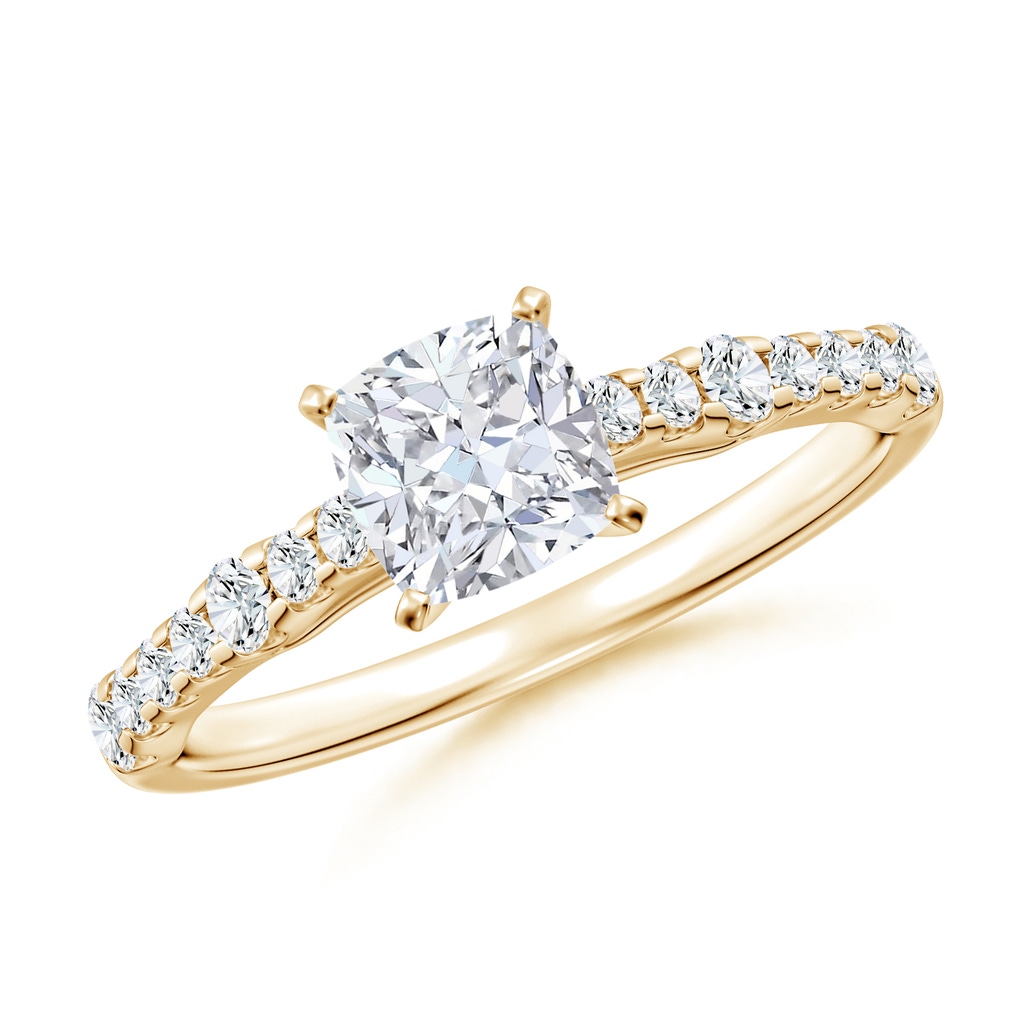5.5mm FGVS Lab-Grown Solitaire Cushion Diamond Station Engagement Ring in 18K Yellow Gold