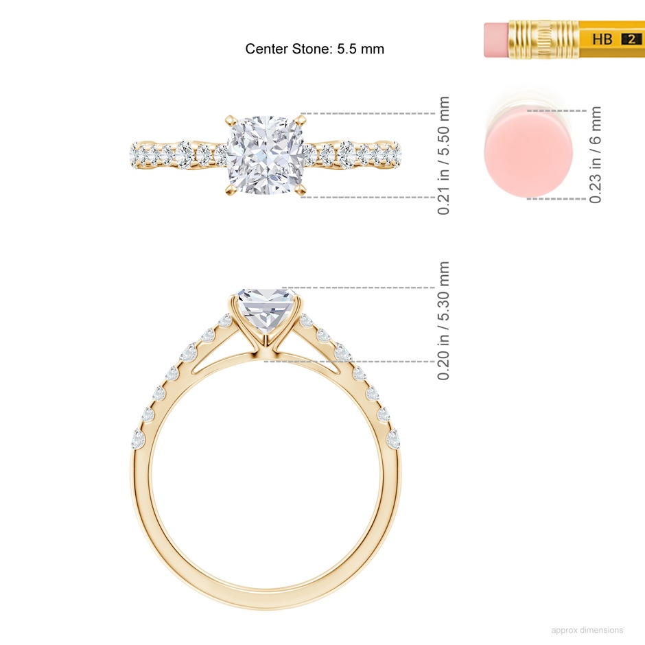 5.5mm FGVS Lab-Grown Solitaire Cushion Diamond Station Engagement Ring in 18K Yellow Gold ruler