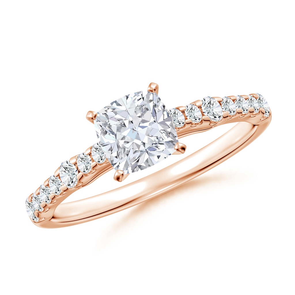 5.5mm FGVS Lab-Grown Solitaire Cushion Diamond Station Engagement Ring in Rose Gold