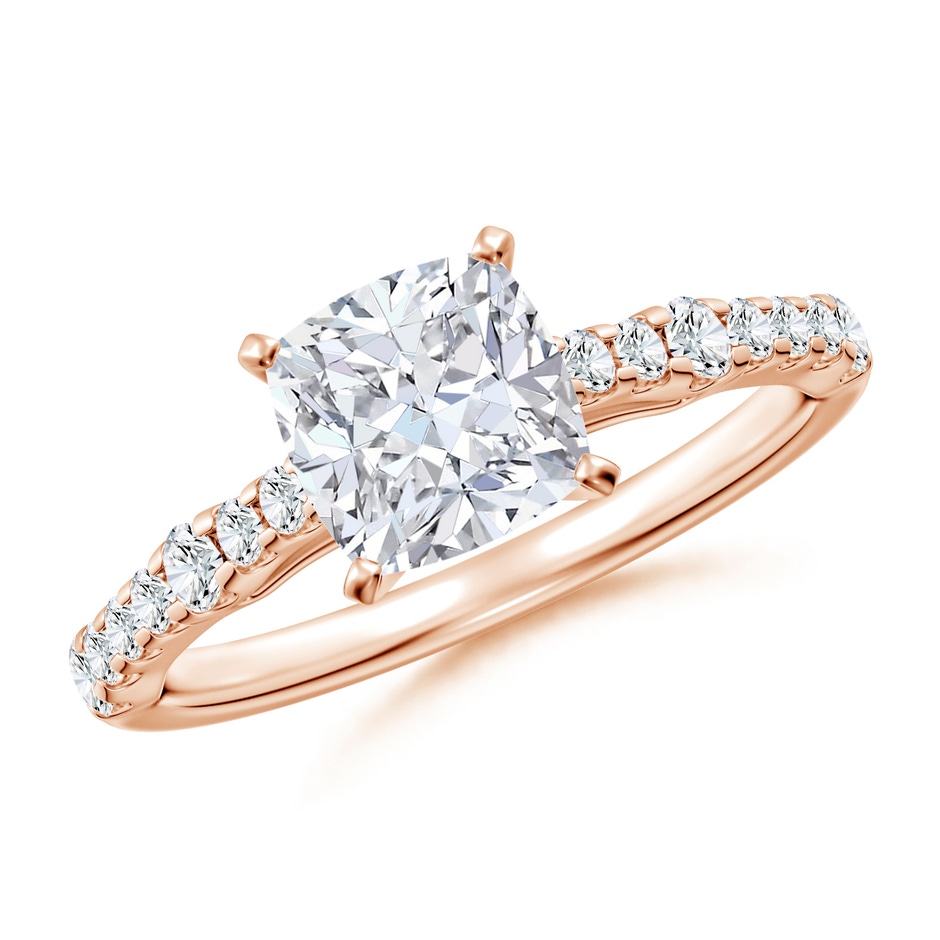 6.5mm FGVS Lab-Grown Solitaire Cushion Diamond Station Engagement Ring in 18K Rose Gold 
