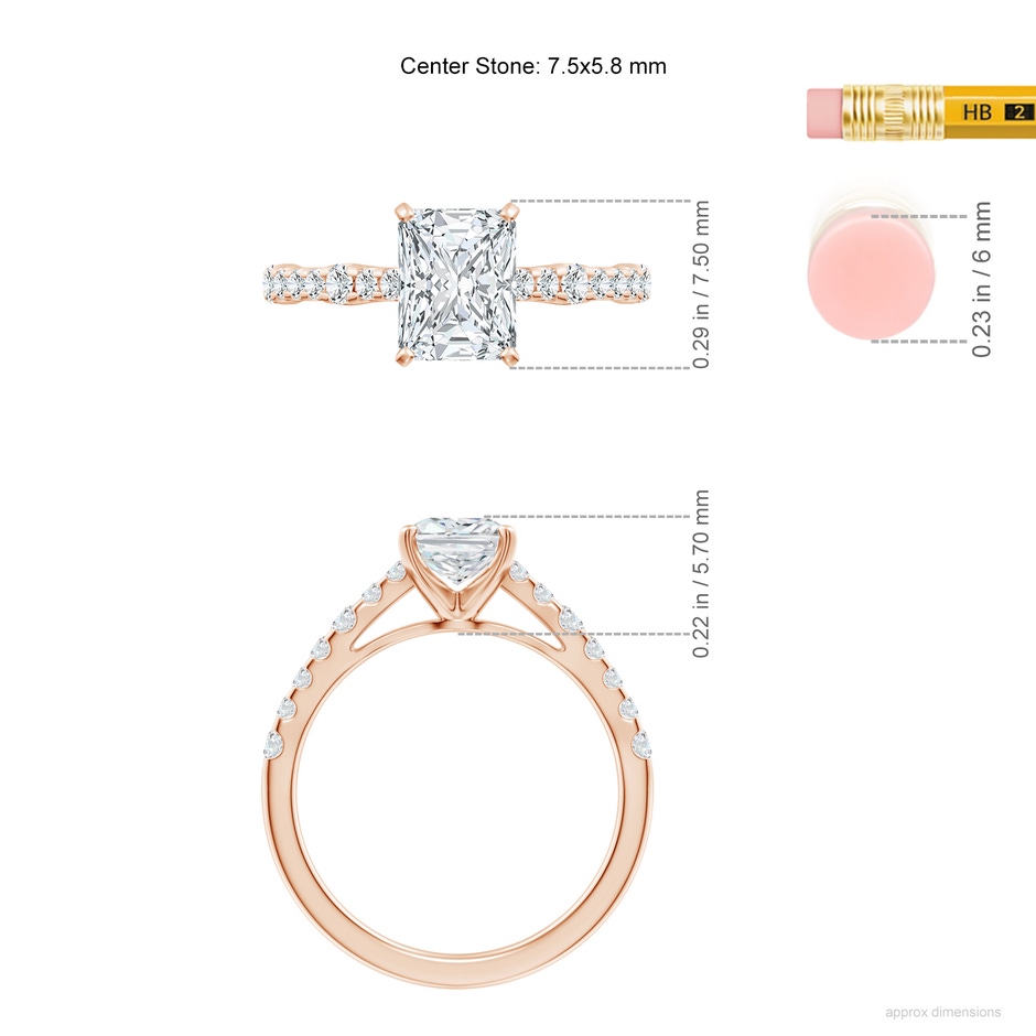 7.5x5.8mm FGVS Lab-Grown Solitaire Radiant-Cut Diamond Station Engagement Ring in Rose Gold ruler