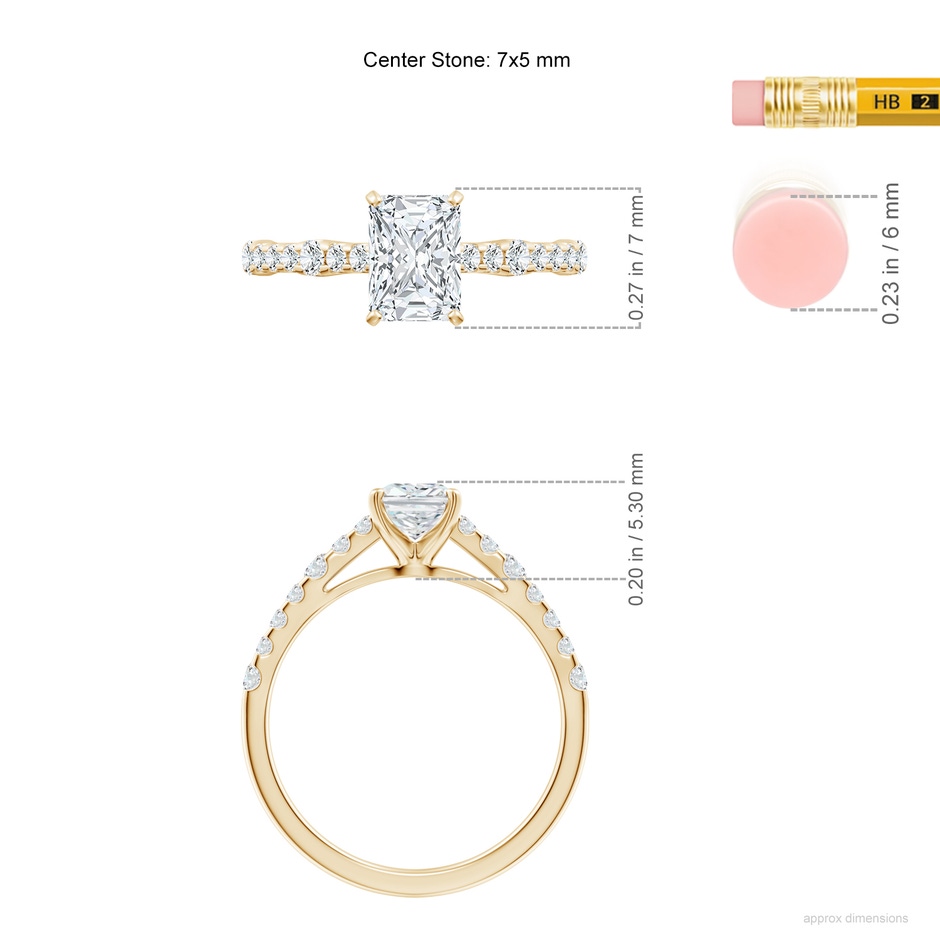 7x5mm FGVS Lab-Grown Solitaire Radiant-Cut Diamond Station Engagement Ring in 18K Yellow Gold ruler