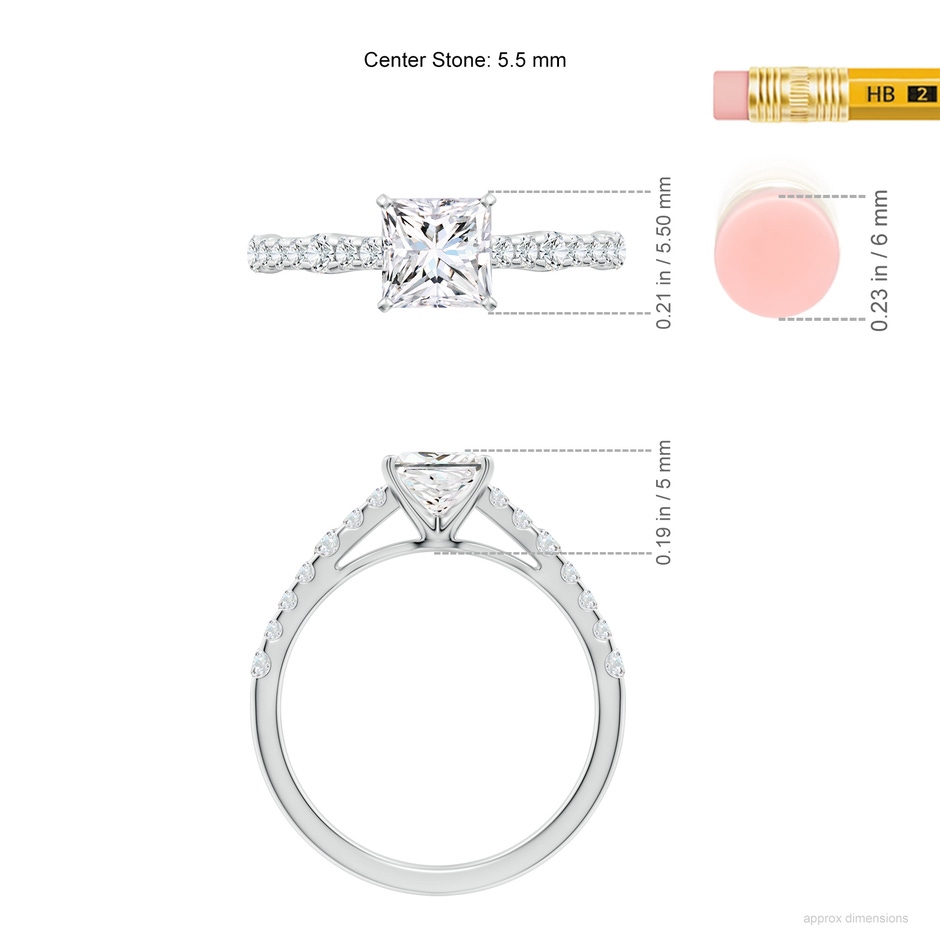 5.5mm FGVS Lab-Grown Solitaire Princess-Cut Diamond Station Engagement Ring in 18K White Gold ruler