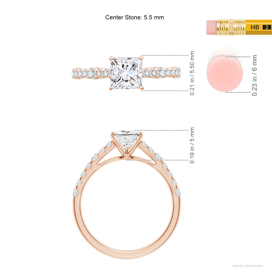 5.5mm FGVS Lab-Grown Solitaire Princess-Cut Diamond Station Engagement Ring in Rose Gold ruler