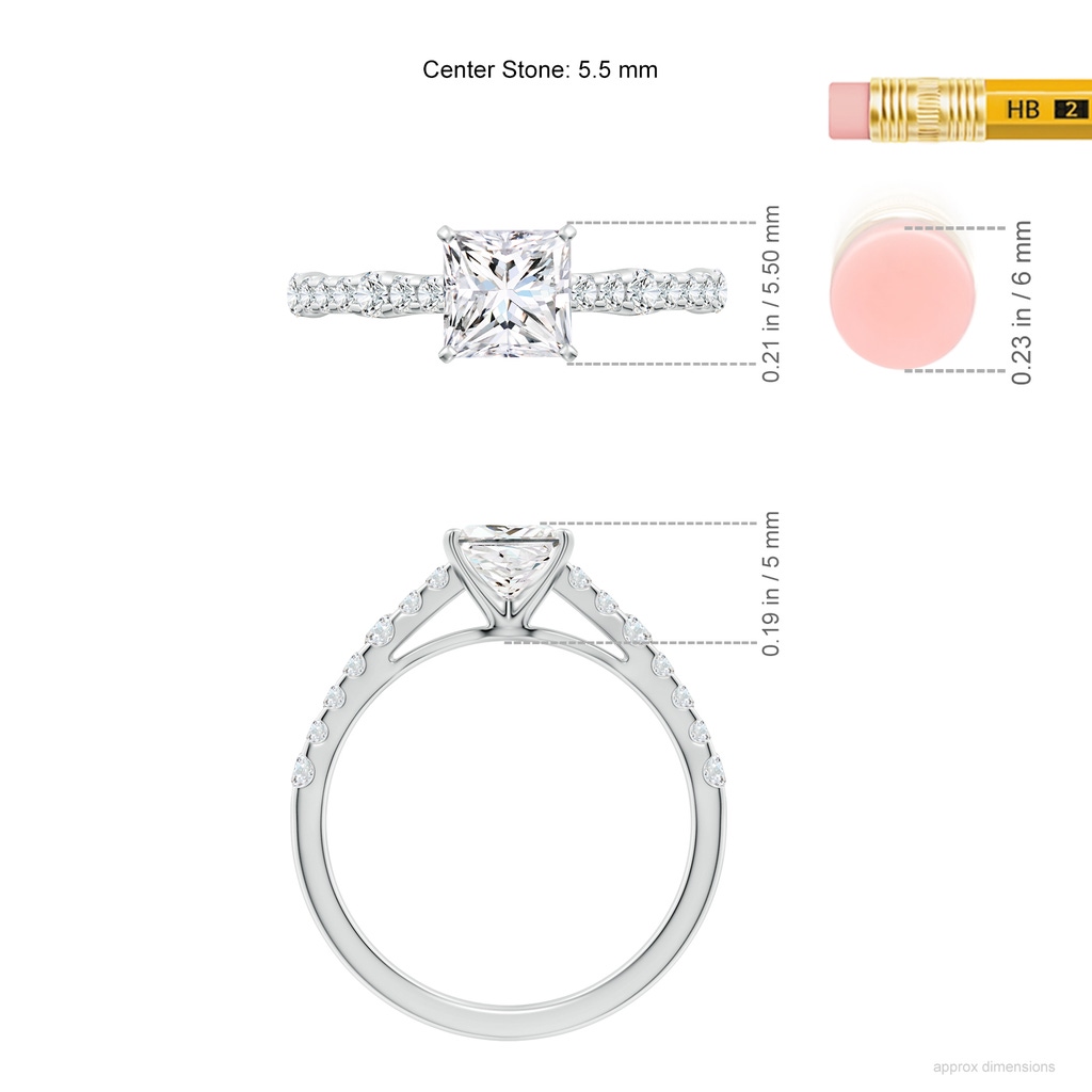 5.5mm FGVS Lab-Grown Solitaire Princess-Cut Diamond Station Engagement Ring in White Gold ruler