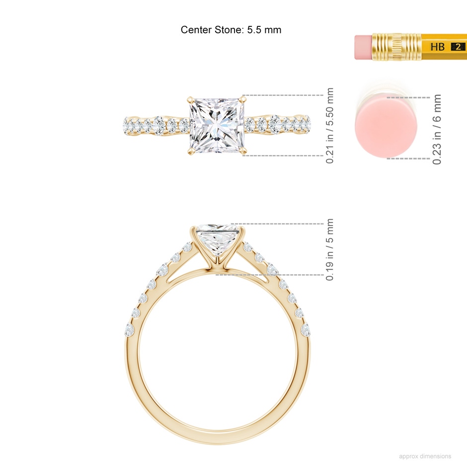 5.5mm FGVS Lab-Grown Solitaire Princess-Cut Diamond Station Engagement Ring in Yellow Gold ruler