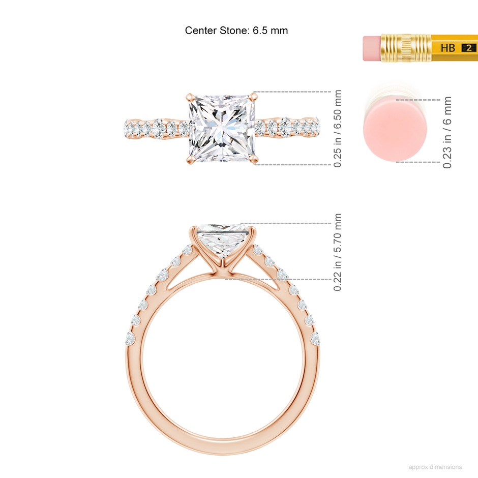 6.5mm FGVS Lab-Grown Solitaire Princess-Cut Diamond Station Engagement Ring in Rose Gold ruler