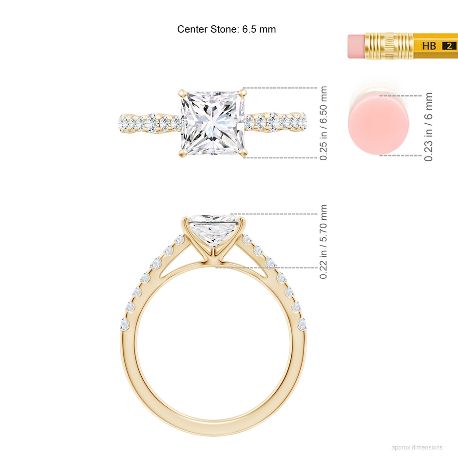 6.5mm FGVS Lab-Grown Solitaire Princess-Cut Diamond Station Engagement Ring in Yellow Gold ruler
