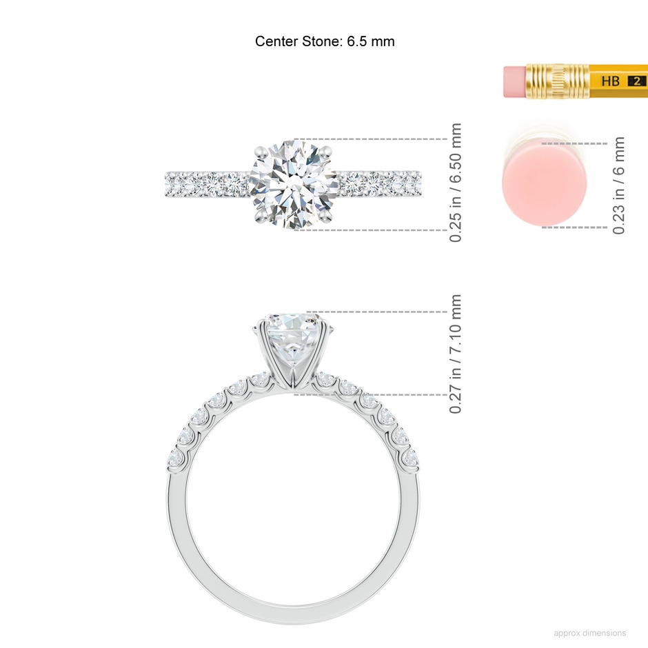 6.5mm FGVS Lab-Grown Round Diamond Solitaire Engagement Ring with Diamond Accents in 18K White Gold ruler