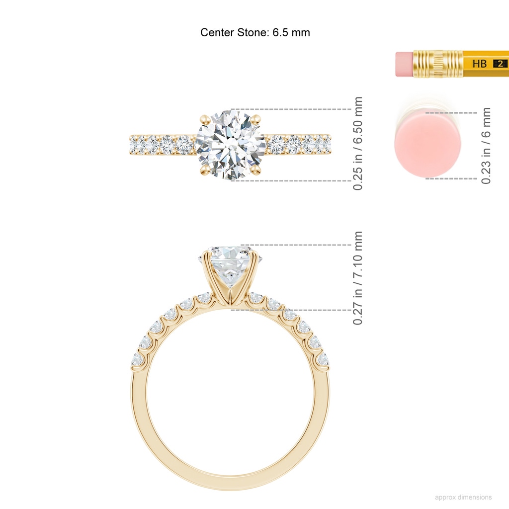 6.5mm FGVS Lab-Grown Round Diamond Solitaire Engagement Ring with Diamond Accents in Yellow Gold ruler