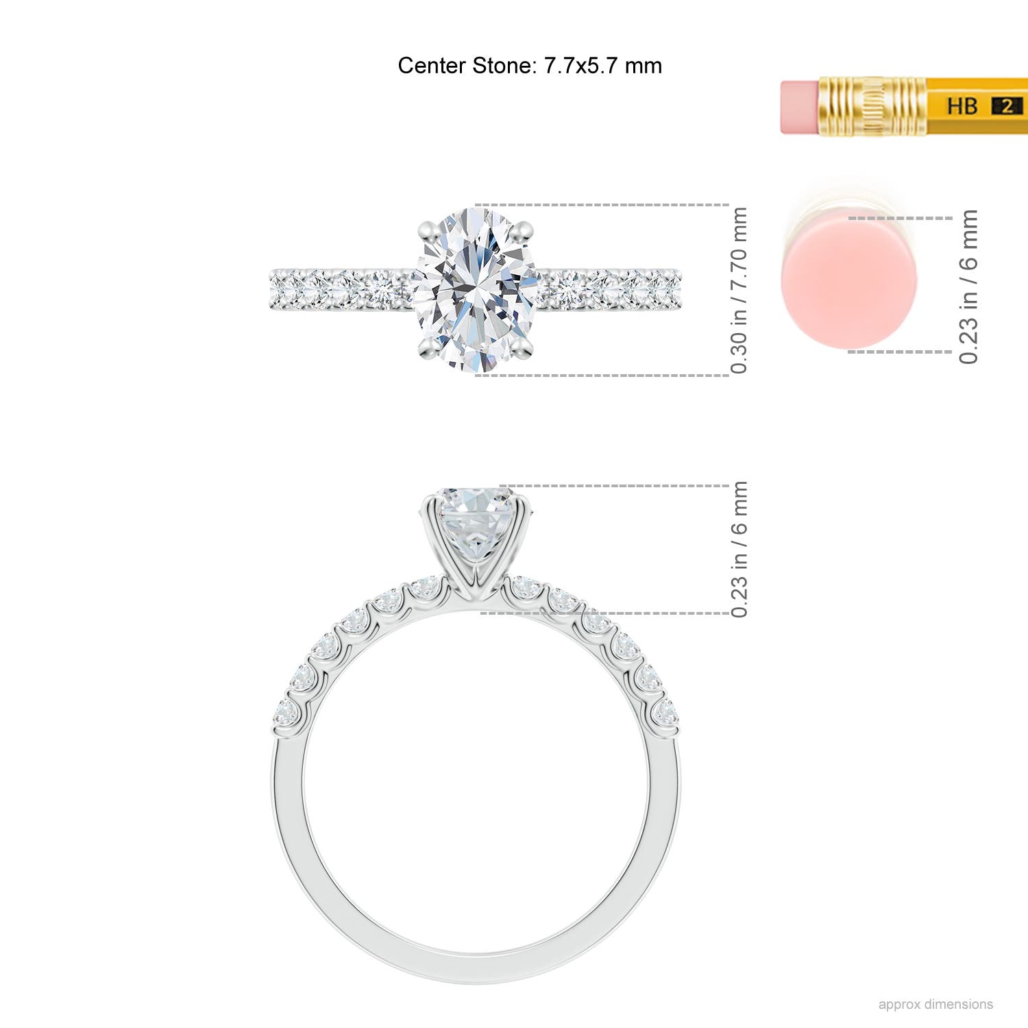 7.7x5.7mm FGVS Lab-Grown Oval Diamond Solitaire Engagement Ring with Diamond Accents in 18K White Gold - ruler