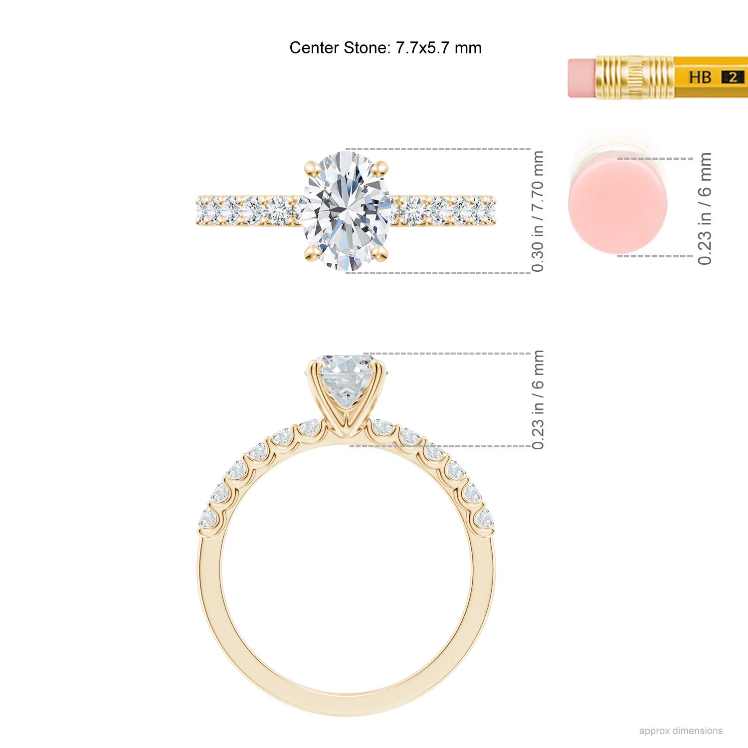 7.7x5.7mm FGVS Lab-Grown Oval Diamond Solitaire Engagement Ring with Diamond Accents in Yellow Gold - ruler